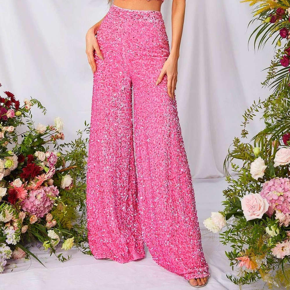 Faeriesty Velvet Sequin Wide Leg Pants High Waisted Retro Trouser Bell Bottoms